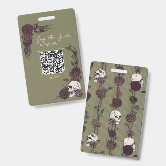 Olijfgroene Schedel Koop Bruid Drank QR Badge (Voor- en achterkant)