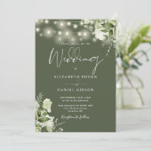 Olijfgroene snoerlampjes bloemendecor monogram bru kaart (Staand voorkant)