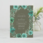 Olijfgroene Teal Anemone Bruiloft Kaart (Staand voorkant)