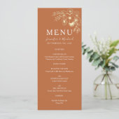 Olijfgroene Terracotta en Gouden Bloem Bruiloft Menu (Staand voorkant)