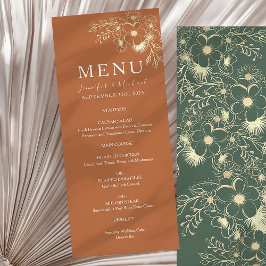 Olijfgroene Terracotta en Gouden Bloem Bruiloft Menu