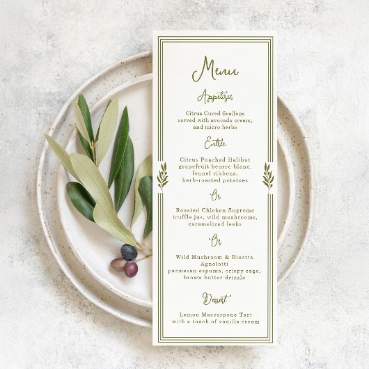 Olijfgroene Toscaanse Elegante Trouwmenu Kaart
