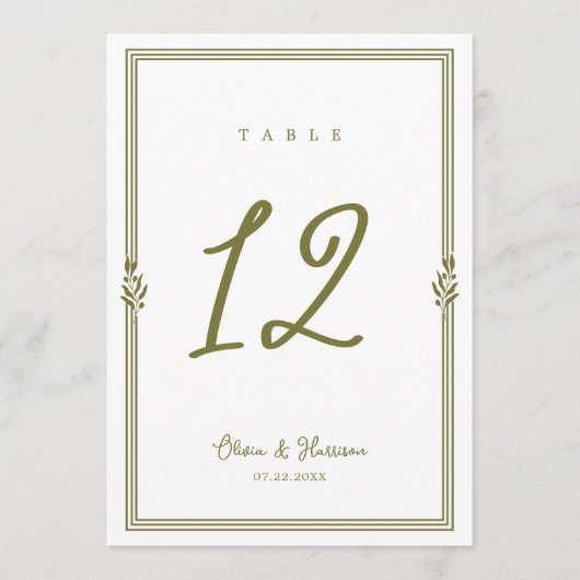 Olijfgroene Toscaanse Elegante Trouwtafel Nummer Kaart (Voorkant)