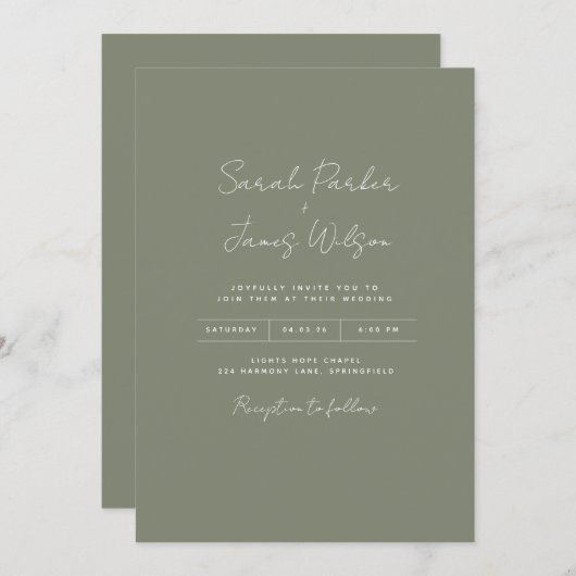 Olijfgroene uitnodigingen bruiloft ingetogen scrip (Voorkant / Achterkant)
