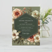 Olijfgroene Vintage Bloem Bruiloft Kaart (Staand voorkant)