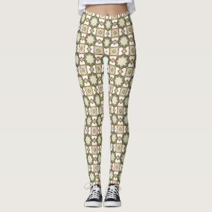 Olijfgroene Vintage Bloem Geometrisch Patroon Leggings