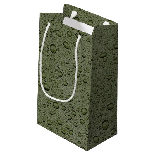 Olijfgroene waterdruppels klein cadeauzakje (Achterkant Gekanteld)