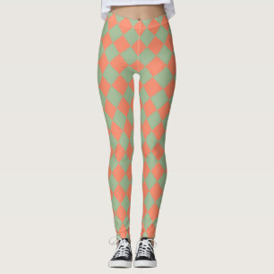 Olijfgroene Zalm Roze Checker Diamant Patroon Leggings