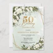 Olijfgroengoud lijst witte roos 50e verjaardag kaart (Voorkant)