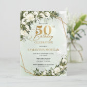 Olijfgroengoud lijst witte roos 50e verjaardag kaart (Staand voorkant)