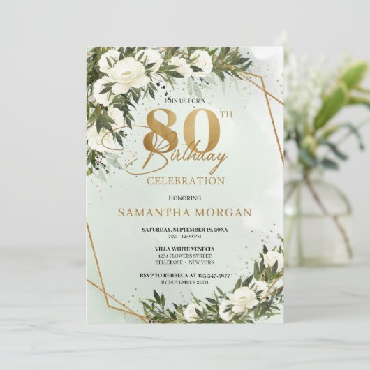 Olijfgroengoud lijst witte roos 80e verjaardag kaart (Staand voorkant)