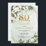 Olijfgroengoud lijst witte roos 80e verjaardag kaart<br><div class="desc">Olive greenery Gold lijst white rose 80e verjaardag uitnodiging Dit charmante trendy chic design is perfect voor alle boho- of rustige evenementen. Het ontwerp is voorzien van waterverf met de hand geschilderde bladeren van olijfgroen gemengde takken van olijven met gemengde waterverf witte rozen bloemen en gentry dat in een faux...</div>