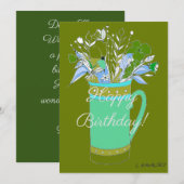 Olijfkleurige Happy Birthday Flowers in Mok Feestdagenkaart (Voorkant / Achterkant)