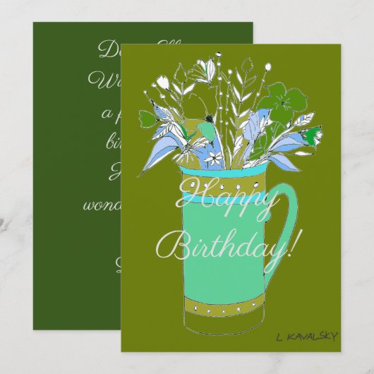 Olijfkleurige Happy Birthday Flowers in Mok Feestdagenkaart (Voorkant / Achterkant)