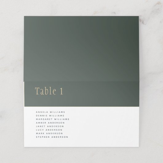 Olijfmos groene gouden trouwtafel nummernamen plaatskaartje (Buitenkant ongevouwen)