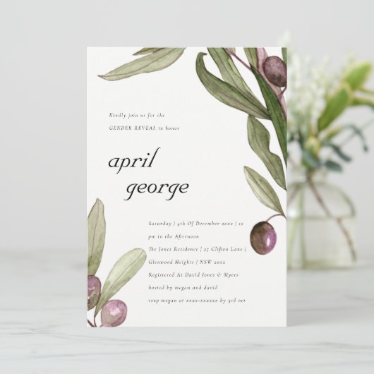 OLIJFOLIAGE WATERVERF GENDER REVEAL INVITE BEDANKKAART (Staand voorkant)