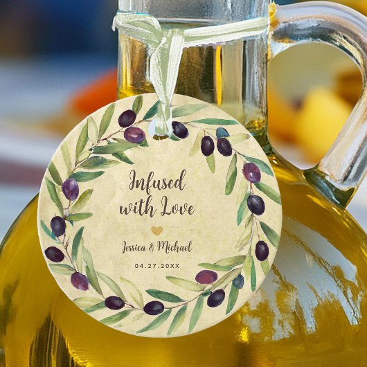 Olijfolie krans doordrenkt met liefde rustieke bru bedankjes labels