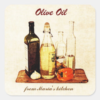 Olijfolie - plantaardige olie flessen met groenten vierkante sticker