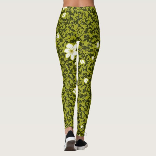 Olijfprint met wit bloemontwerp, Schattige Bloemen Leggings (Achterkant)