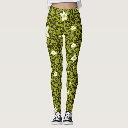 Olijfprint met wit bloemontwerp, Schattige Bloemen Leggings (Voorkant)