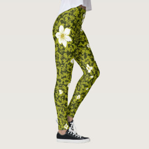 Olijfprint met wit bloemontwerp, Schattige Bloemen Leggings