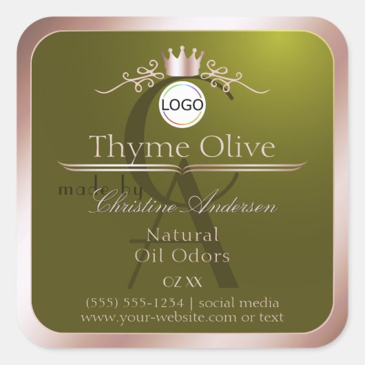 Olijfproductlabel Roze Gouden Frame Logo Monogram Vierkante Sticker (Voorkant)