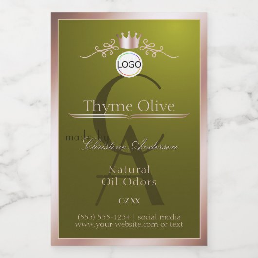 Olijfproductlabel Roze Gouden Frame Logo Monogram Voedselcontainer Etiket (Enkel label)