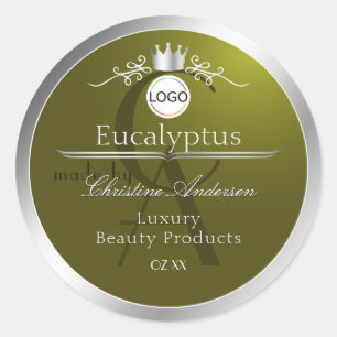 Olijfproductlabel Zilveren Frame Logo en Monogram Ronde Sticker
