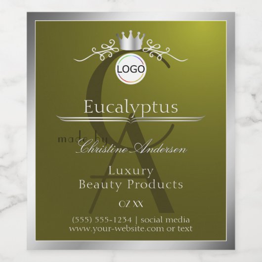Olijfproductlabel Zilveren Frame Logo en Monogram Wijn Etiket (Enkel label)
