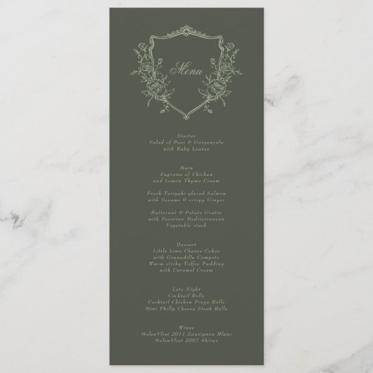 olijfsalie Crest Classic Elegant Wedding Menu (Voorkant)