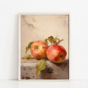 Olijfschilderij van stillevens met appels, vintage poster