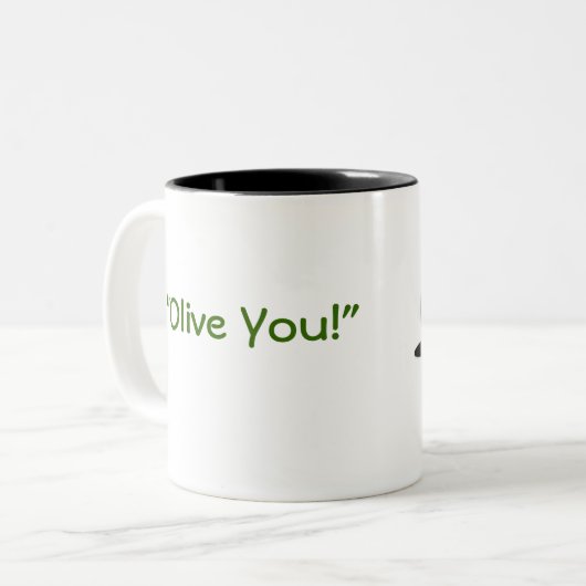 Olijfse Mok.  "Olijf je!" Tweekleurige Koffiemok (Voorkant links)