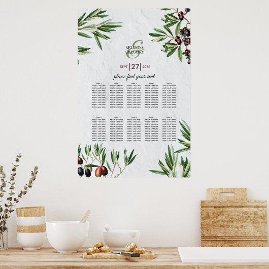 Olijfspreien Grieks eiland Wedding Seating Chart Poster (Keuken)