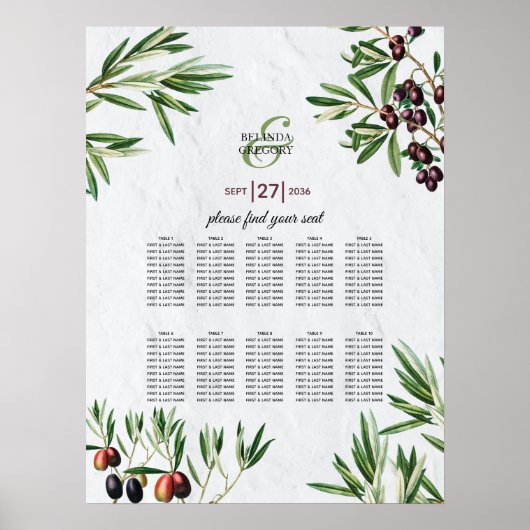 Olijfspreien Grieks eiland Wedding Seating Chart Poster (Voorkant)