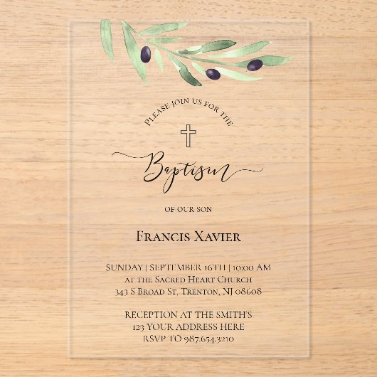 olijftak Baptisme Acryl Uitnodigingen (Voorkant)