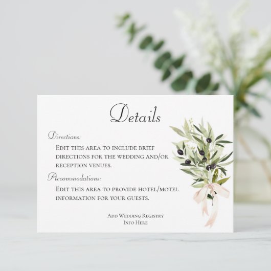 Olijftak Boeketten Bruiloft Details Informatiekaartje (Staand voorkant)