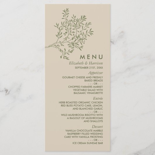 Olijftak Branch, Rustieke & Minimalistische Trouwf Menu (Voorkant)