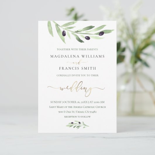 Olijftak bruiloft uitnodiging (Staand voorkant)