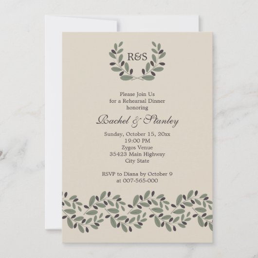 Olijftak garland bruiloft repetitie diner kaart (Voorkant)