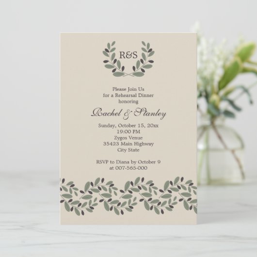 Olijftak garland bruiloft repetitie diner kaart (Staand voorkant)
