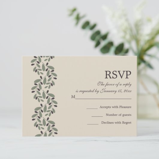 Olijftak garland bruiloft RSVP antwoord (Staand voorkant)