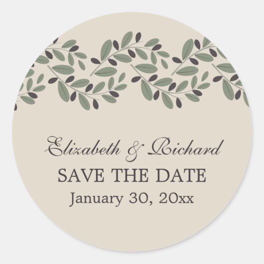 Olijftak garland bruiloft Save the Date Ronde Sticker (Voorkant)
