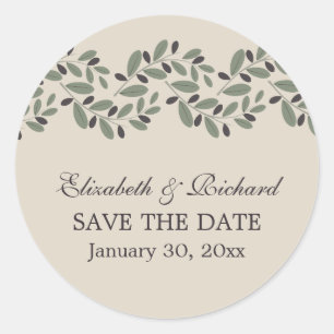 Olijftak garland bruiloft Save the Date Ronde Sticker