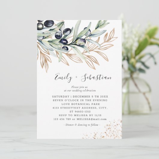 Olijftak groen, gouden bruids bruiloft kaart (Staand voorkant)