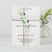 Olijftak hout Cross Eerste Heilige Communie Invit Kaart (Staand voorkant)