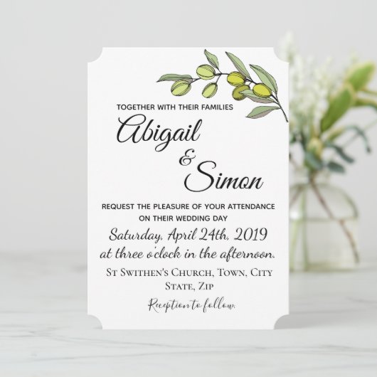 Olijftak. Huwelijksuitnodiging. Kaart (Staand voorkant)