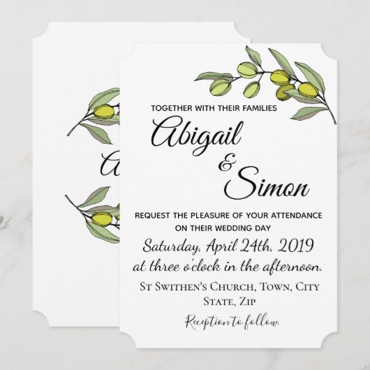 Olijftak. Huwelijksuitnodiging. Kaart (Voorkant / Achterkant)