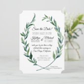 Olijftak lauwerkrans Foto Save the Date Kaart (Staand voorkant)