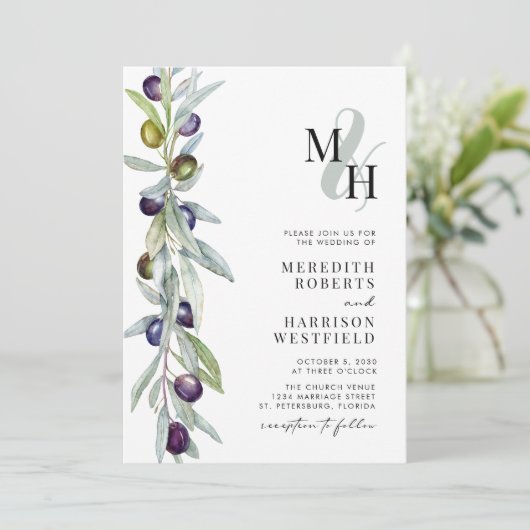 Olijftak Liefde Symbool Monogram Bruiloft Kaart (Staand voorkant)