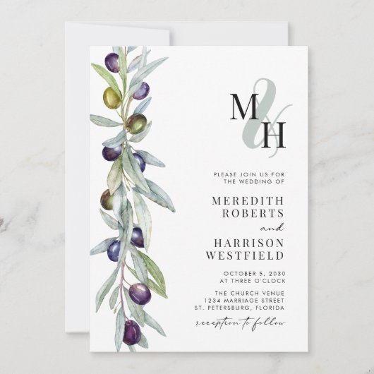 Olijftak Liefde Symbool Monogram Bruiloft Kaart (Voorkant)